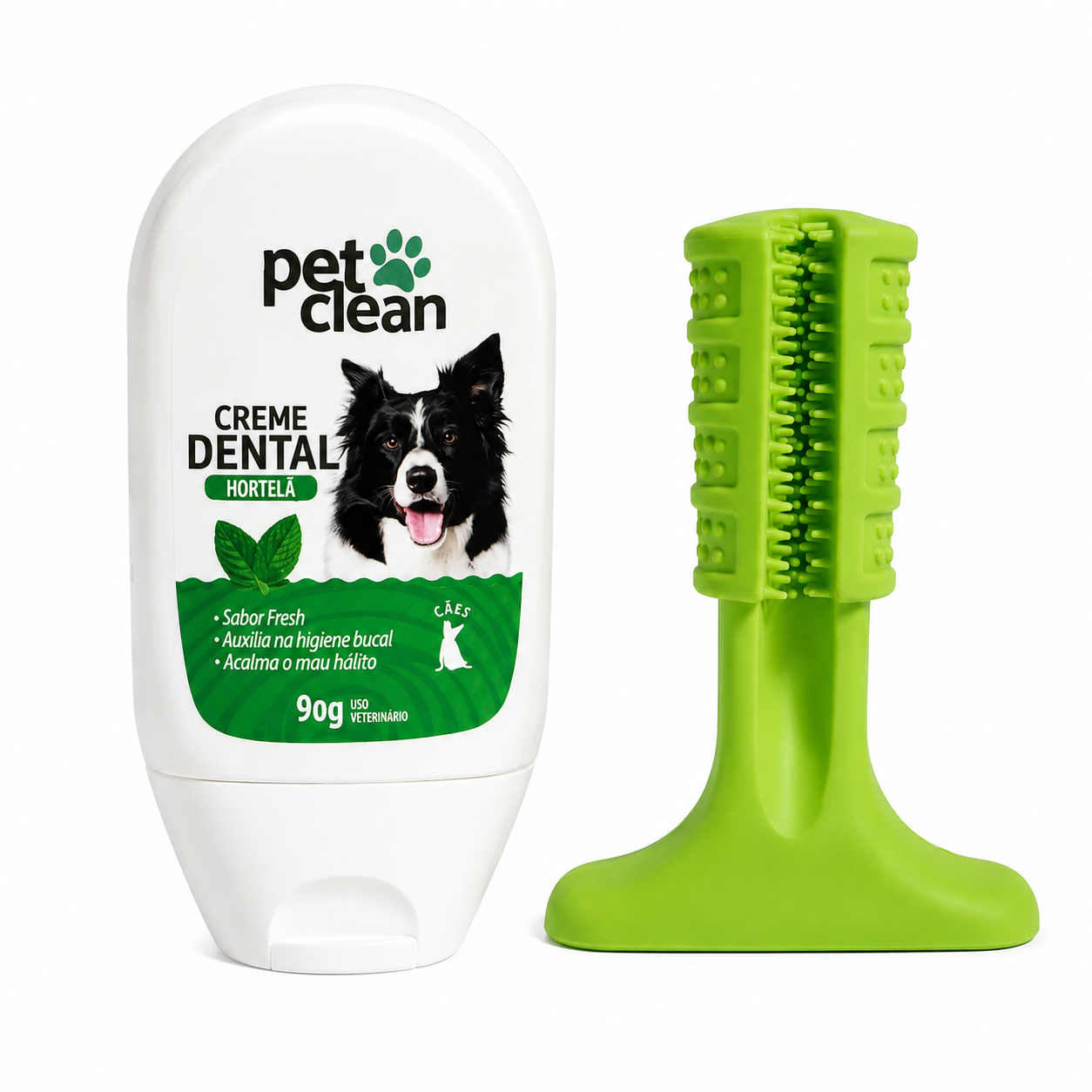 Kit Higiene Bucal Pet Clean com Creme Dental Menta 90g + Mordedor Escova Dental