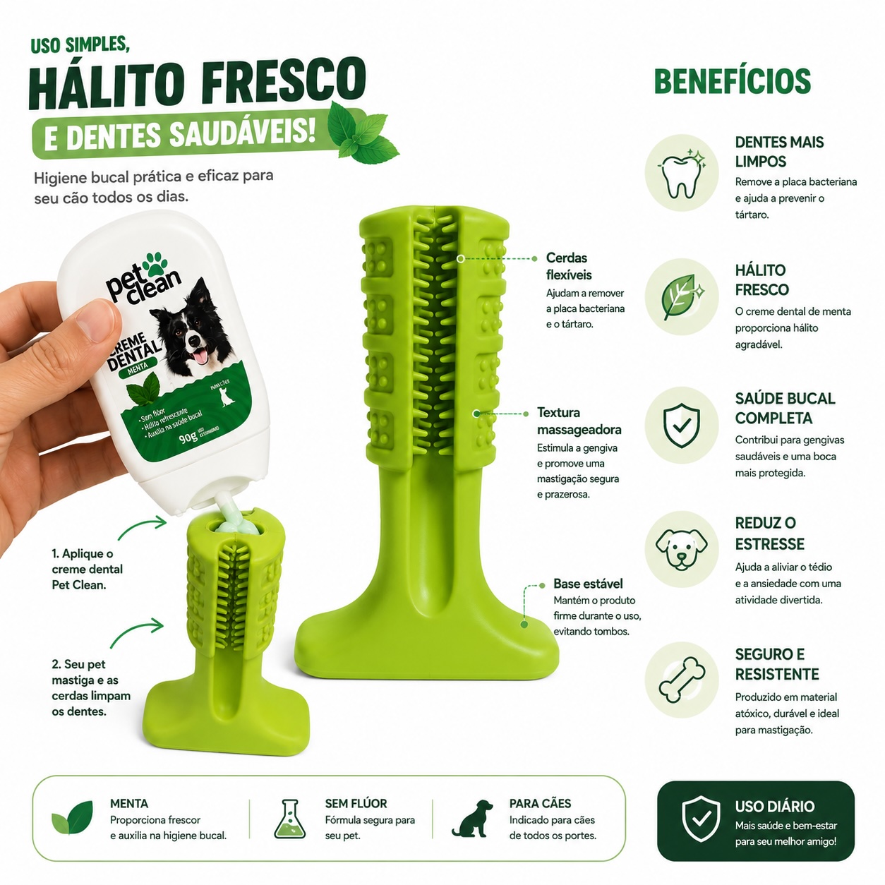 Kit Higiene Bucal Pet Clean com Creme Dental Menta 90g + Mordedor Escova Dental