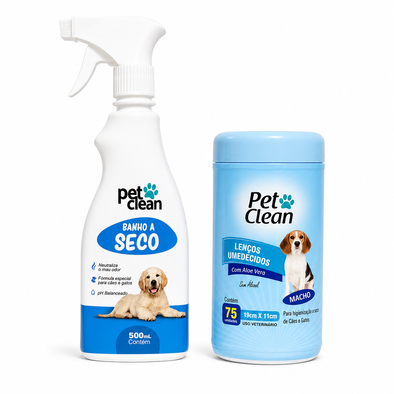 Kit Pet Clean Banho a Seco 500ml + Lenços Umedecidos 75 Unidades