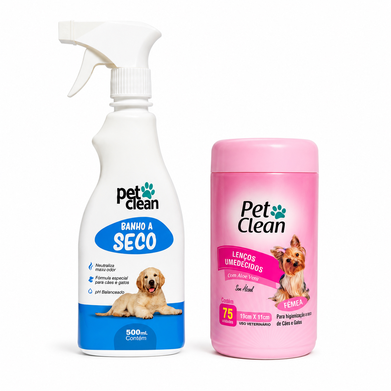 Kit Pet Clean Banho a Seco 500ml + Lenços Umedecidos 75 Unidades