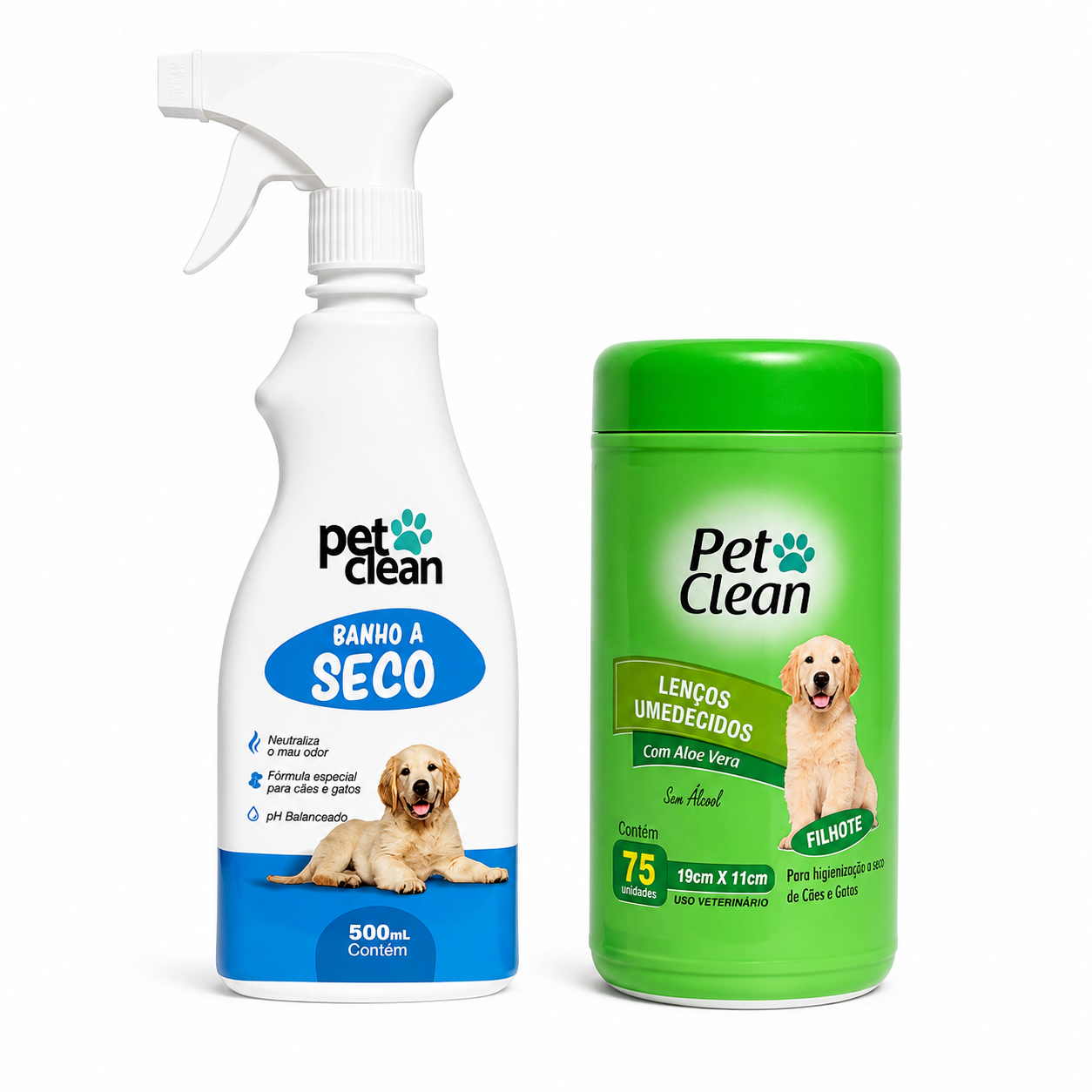 Kit Pet Clean Banho a Seco 500ml + Lenços Umedecidos 75 Unidades