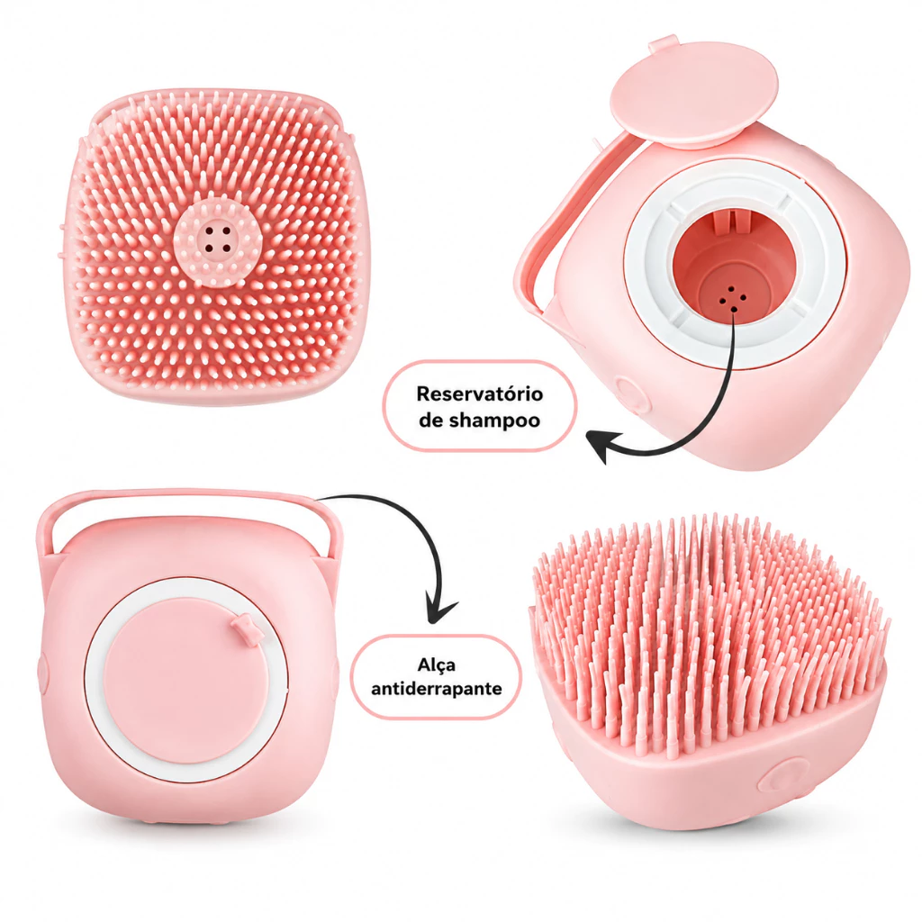 Kit Banho Pet 3 em 1 com Escova A Vapor, Esponja Dispenser e Luva Tira-Pelos