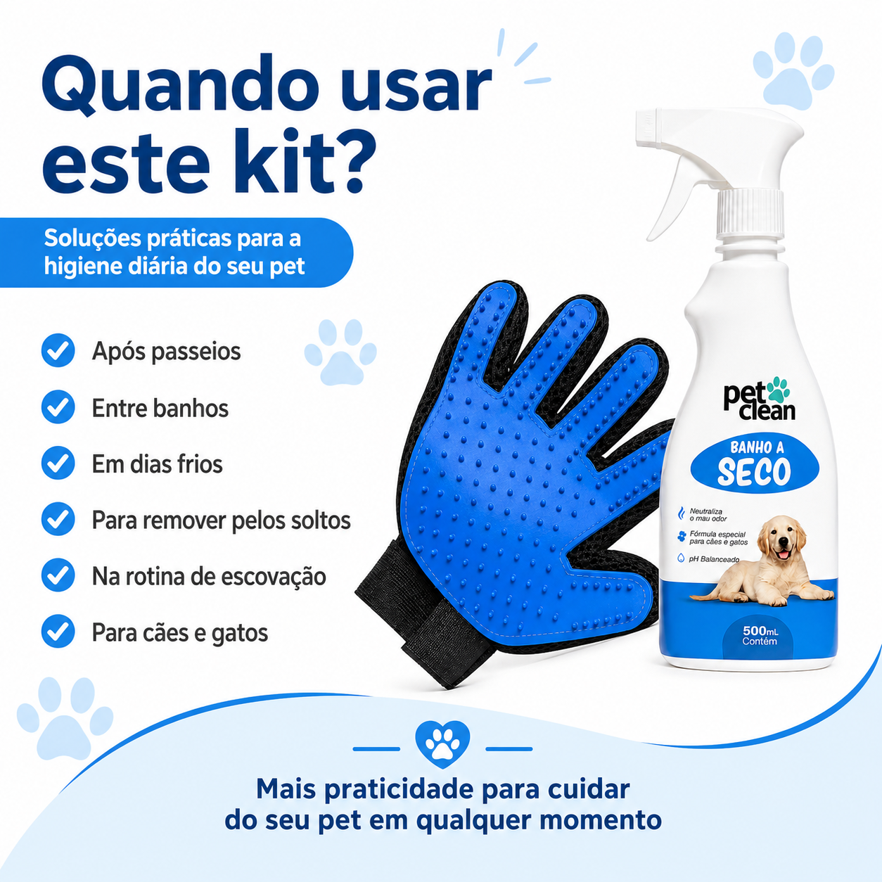 Kit Pet Clean Banho a Seco 500ml + Luva Massageadora Tira Pelos