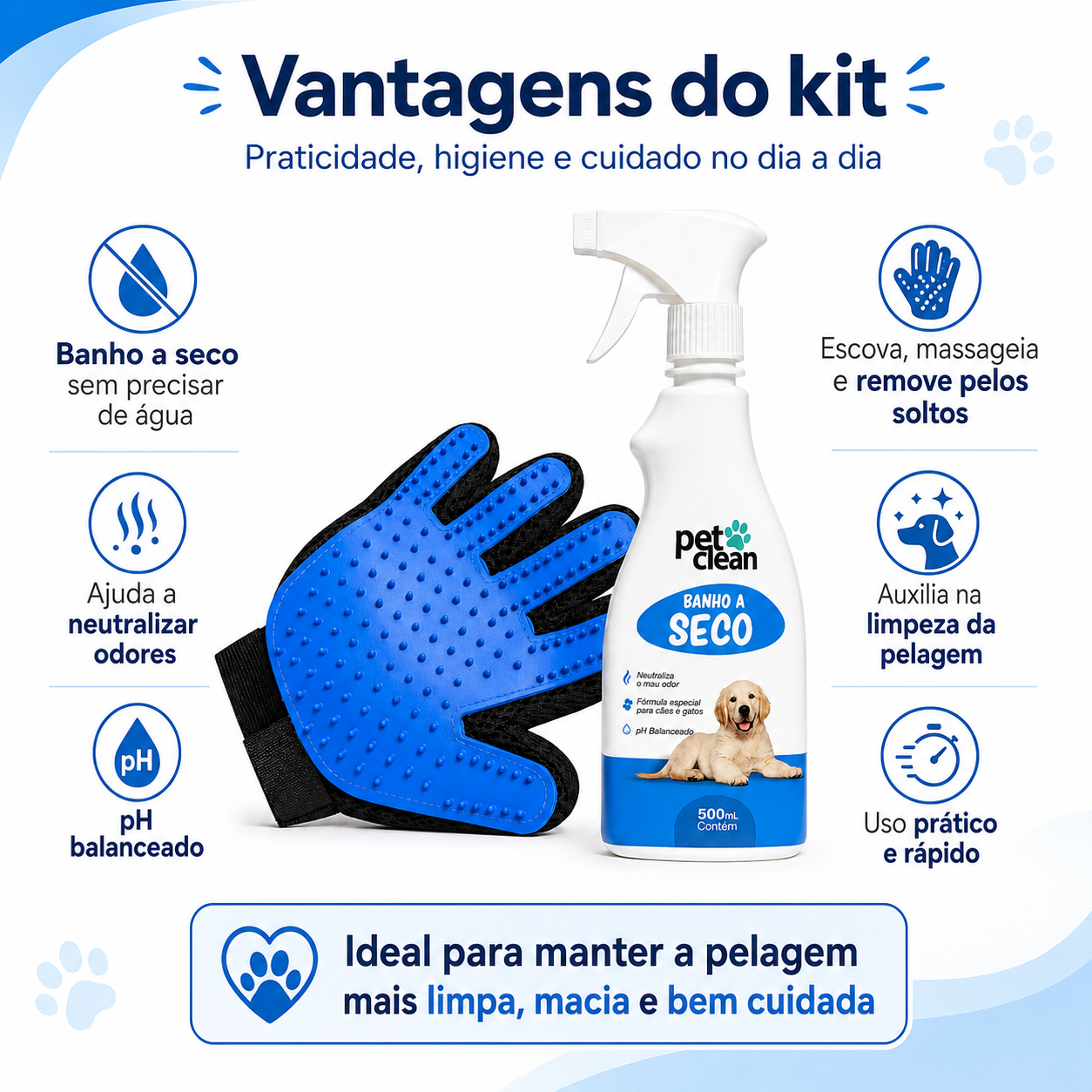 Kit Pet Clean Banho a Seco 500ml + Luva Massageadora Tira Pelos