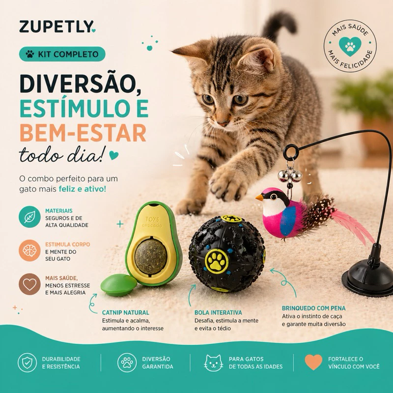 Kit 4 Brinquedos para Gatos Catnip Varinha Ventosa e Bola Petisqueira
