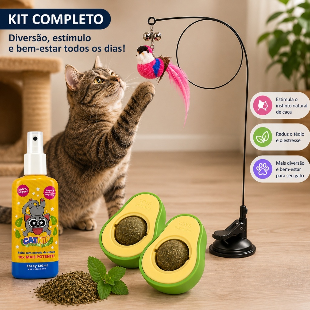 Kit Brinquedos para Gatos Catnip Varinha Ventosa + Spray CatMyPet