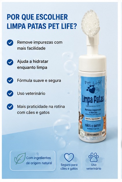 Limpa Patas Pet Life 150ml com Escova Aplicadora para Cães e Gatos