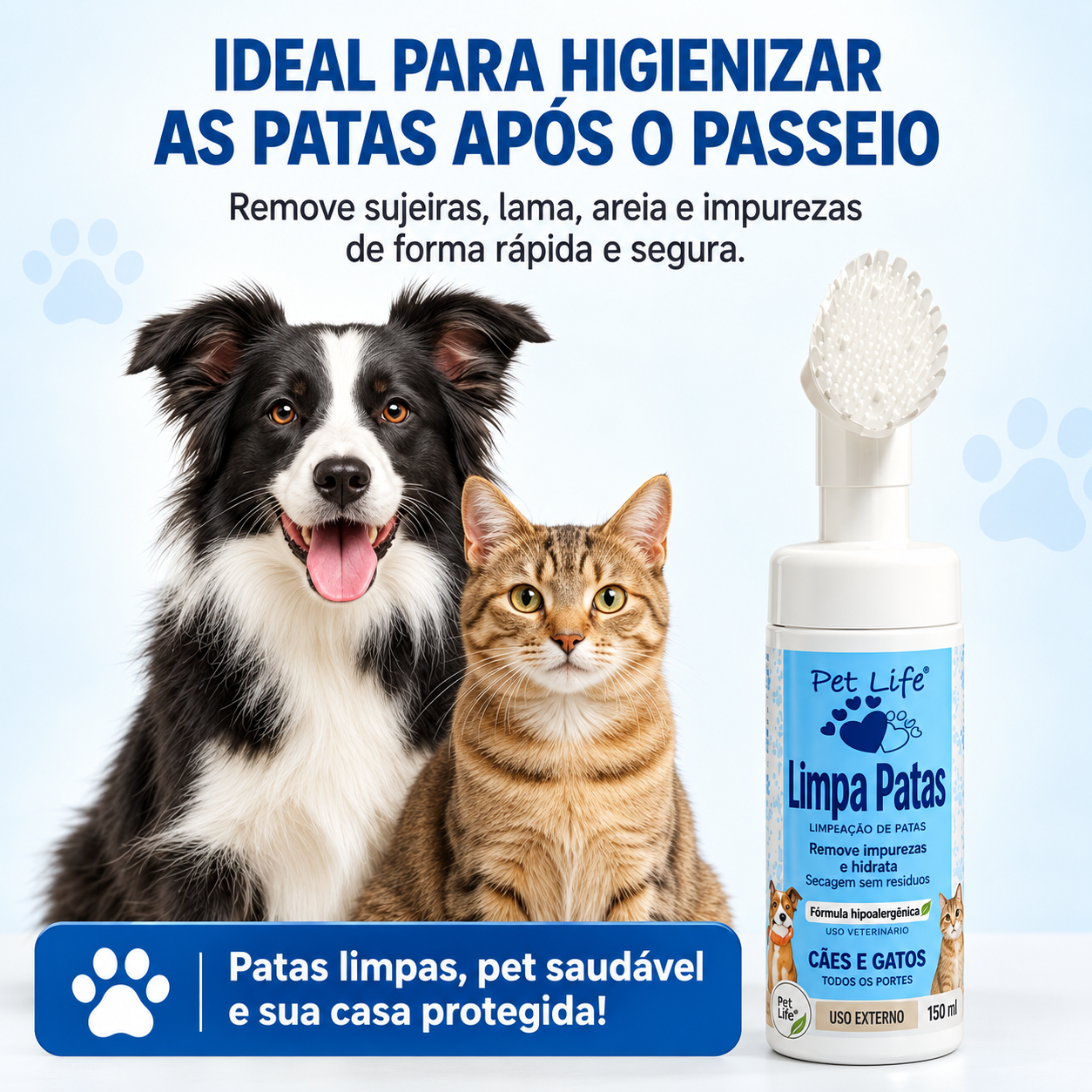 Limpa Patas Pet Life 150ml com Escova Aplicadora para Cães e Gatos