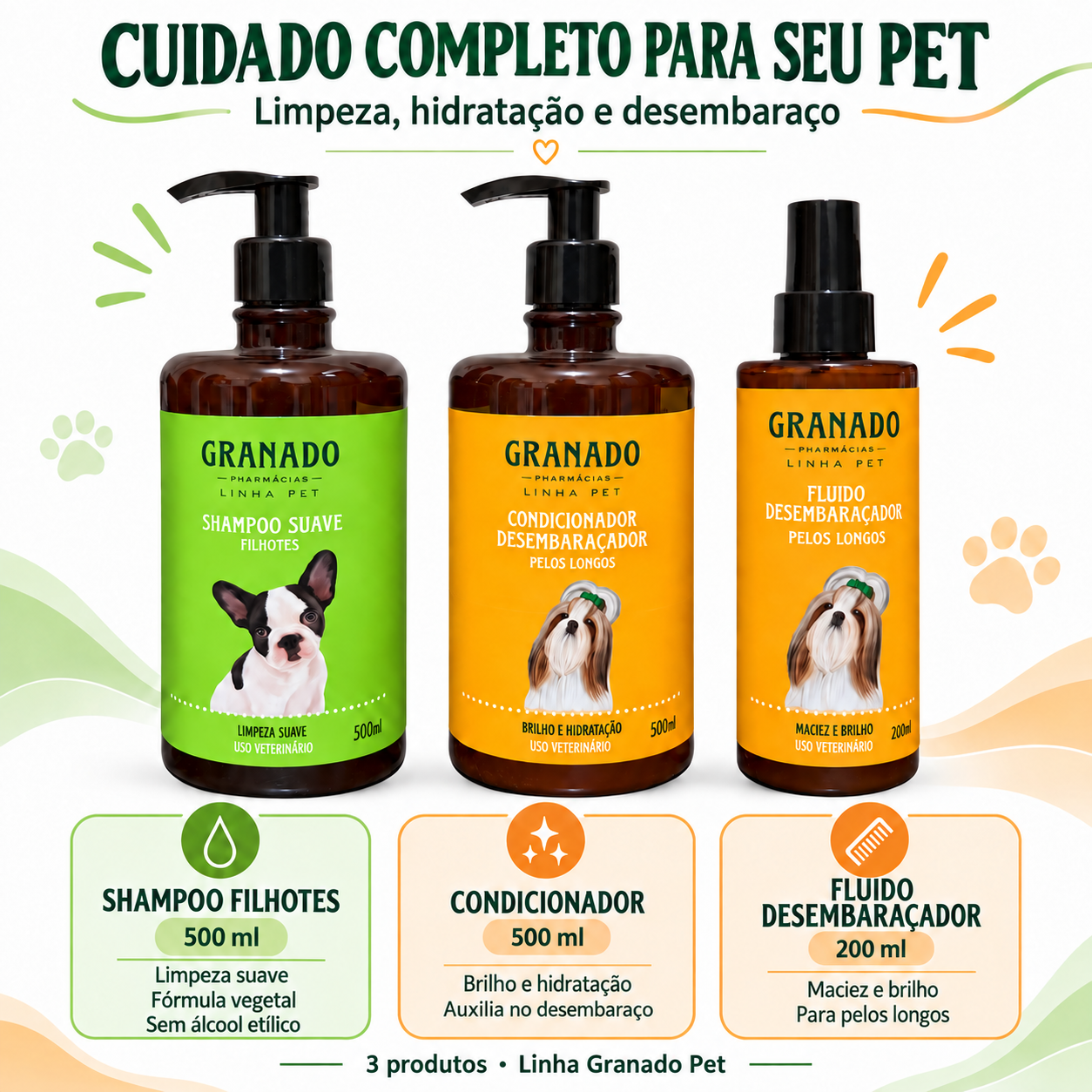 Kit Granado Pet Filhote Condicionador Fluido Desembaraçador