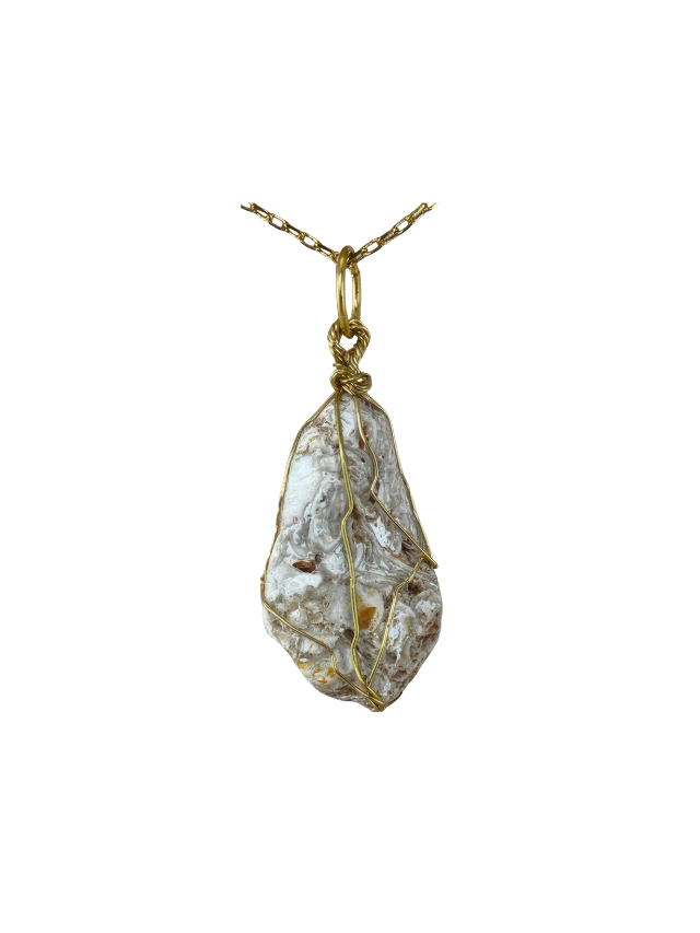 Jaspe Coquina Cristal Natural Polido Alambrismo Colar Dourado Aromaterapia