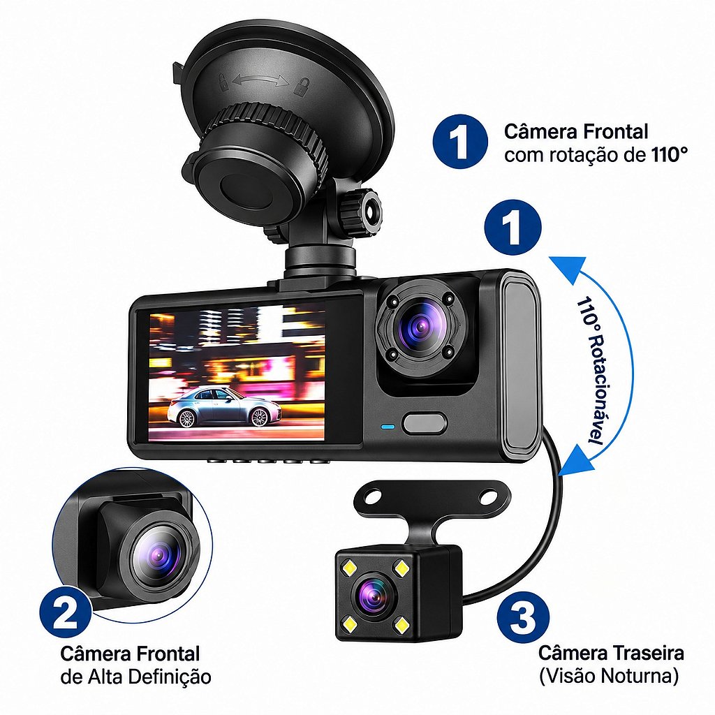Câmera Veicular DVR Full HD Wi-Fi Frontal e Traseira