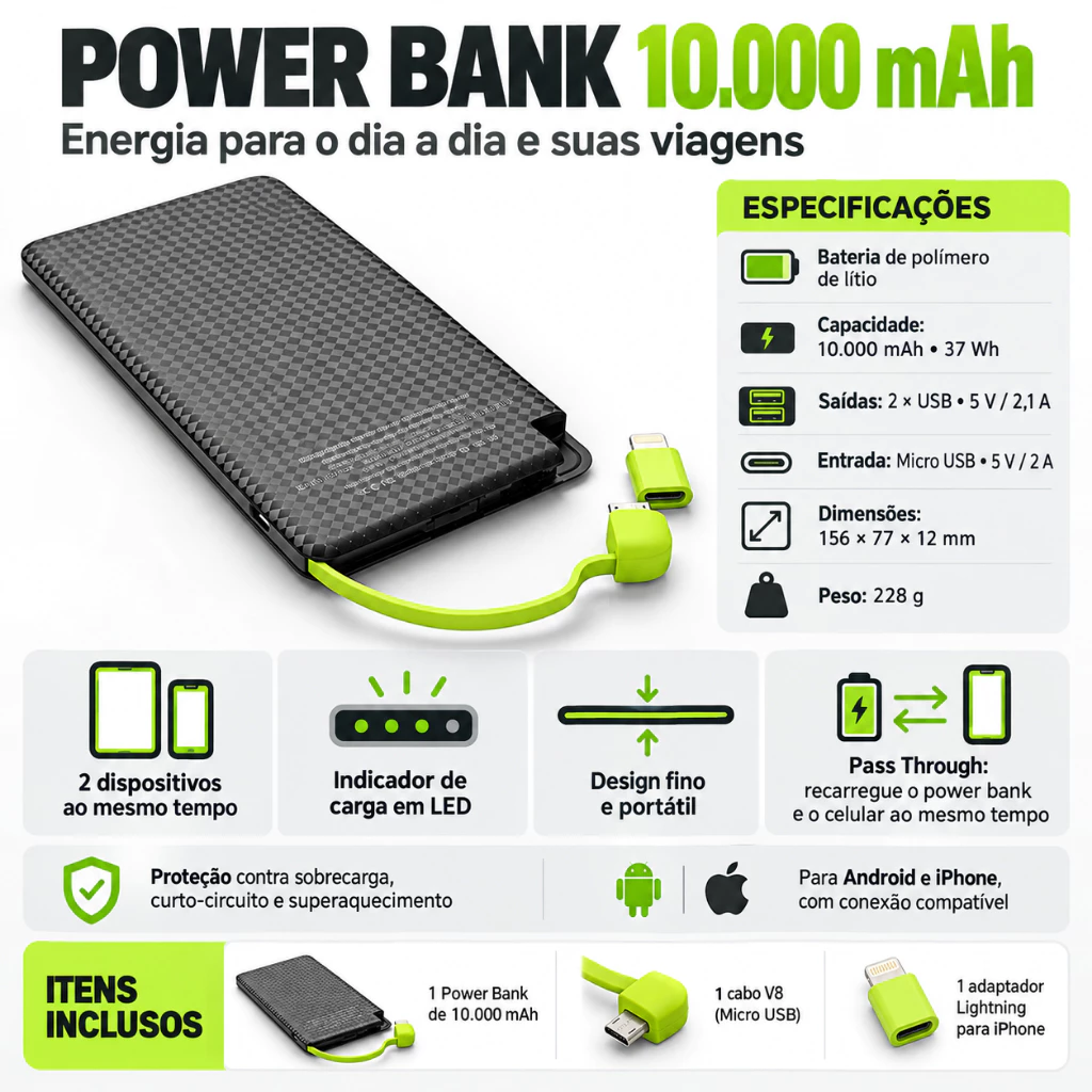 Power Bank Universal 10.000 Mah Carregador Celular Compatíve