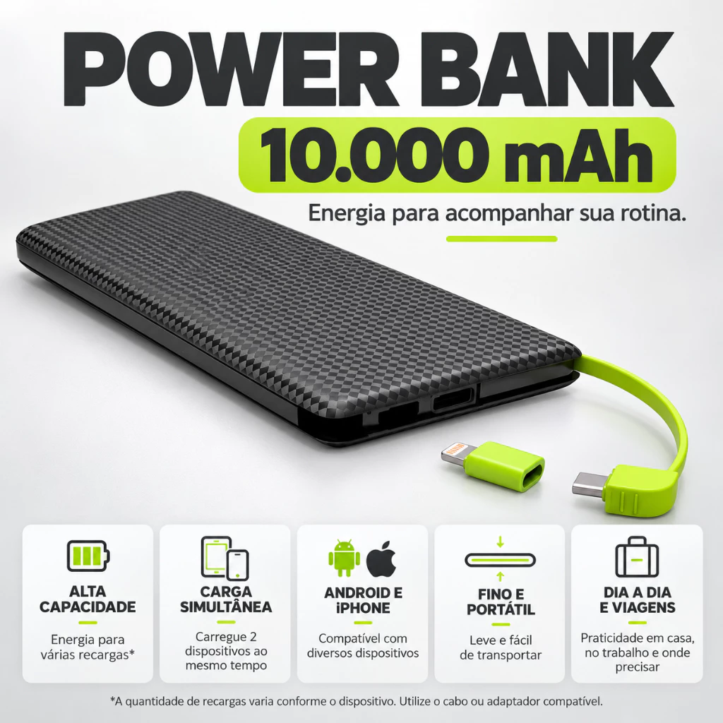 Power Bank Universal 10.000 Mah Carregador Celular Compatíve