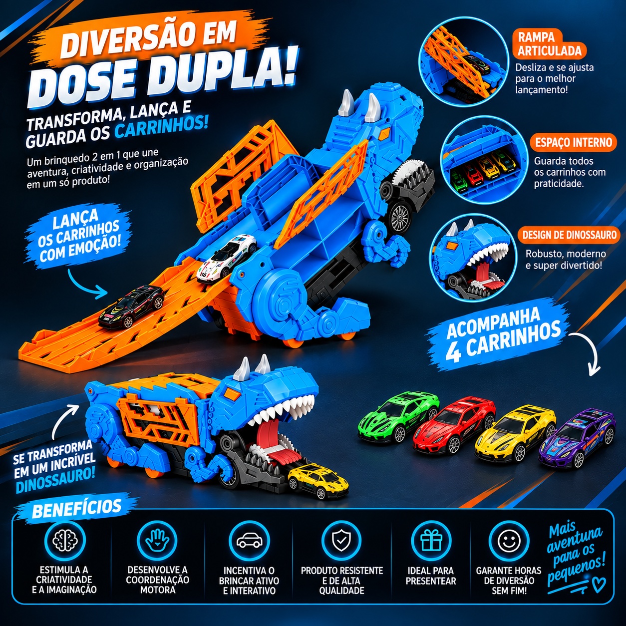 Caminhão Dinossauro 2 em 1 com Pista e 4 Carrinhos