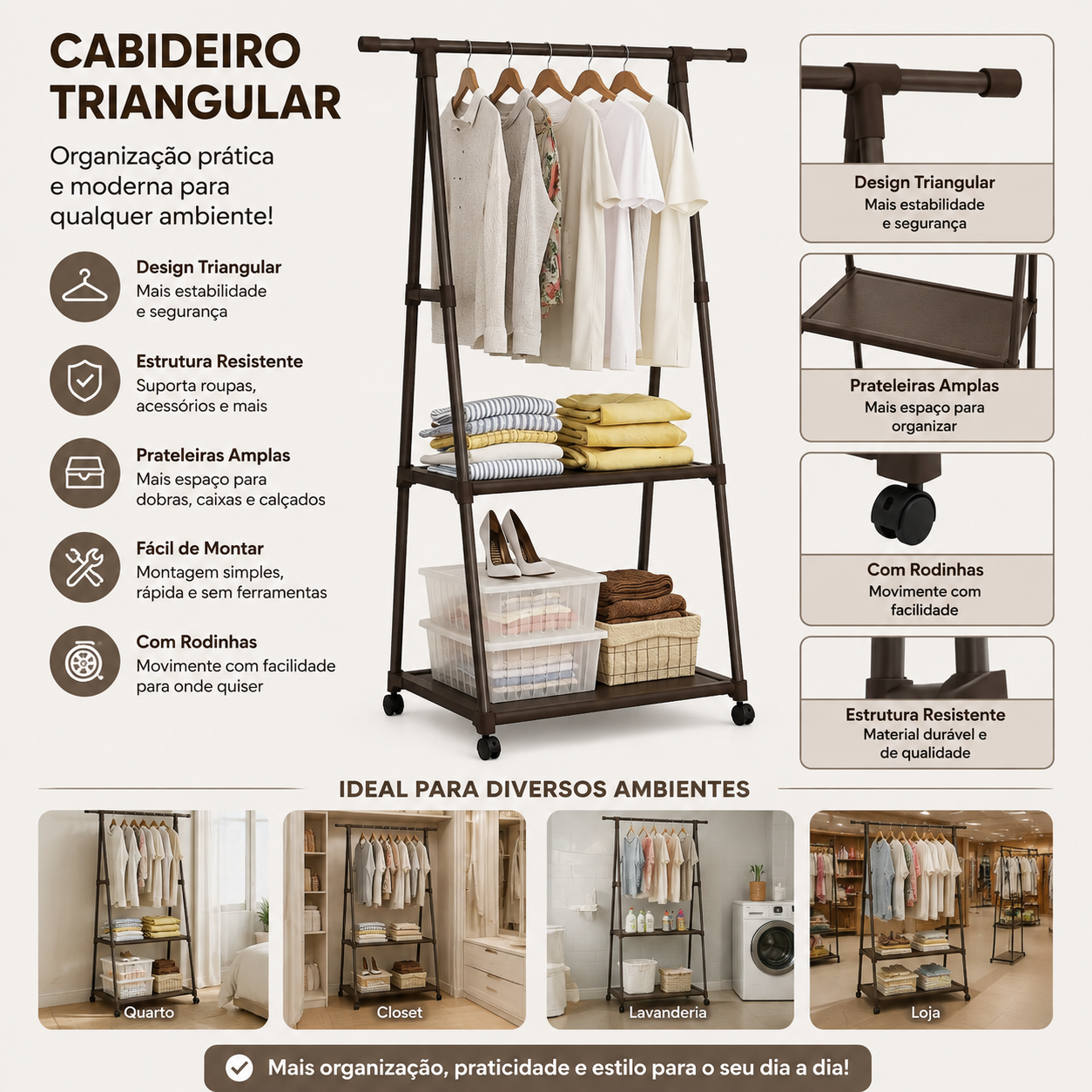 Cabideiro Triangular com Prateleiras e Rodinhas