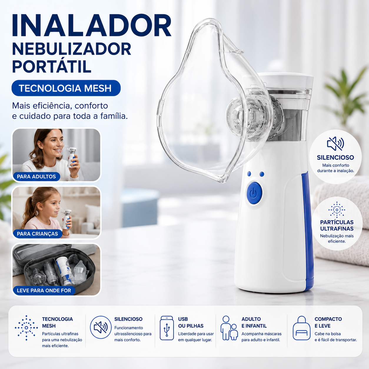 Inalador Nebulizador Portátil Ultrassônico USB/Pilhas