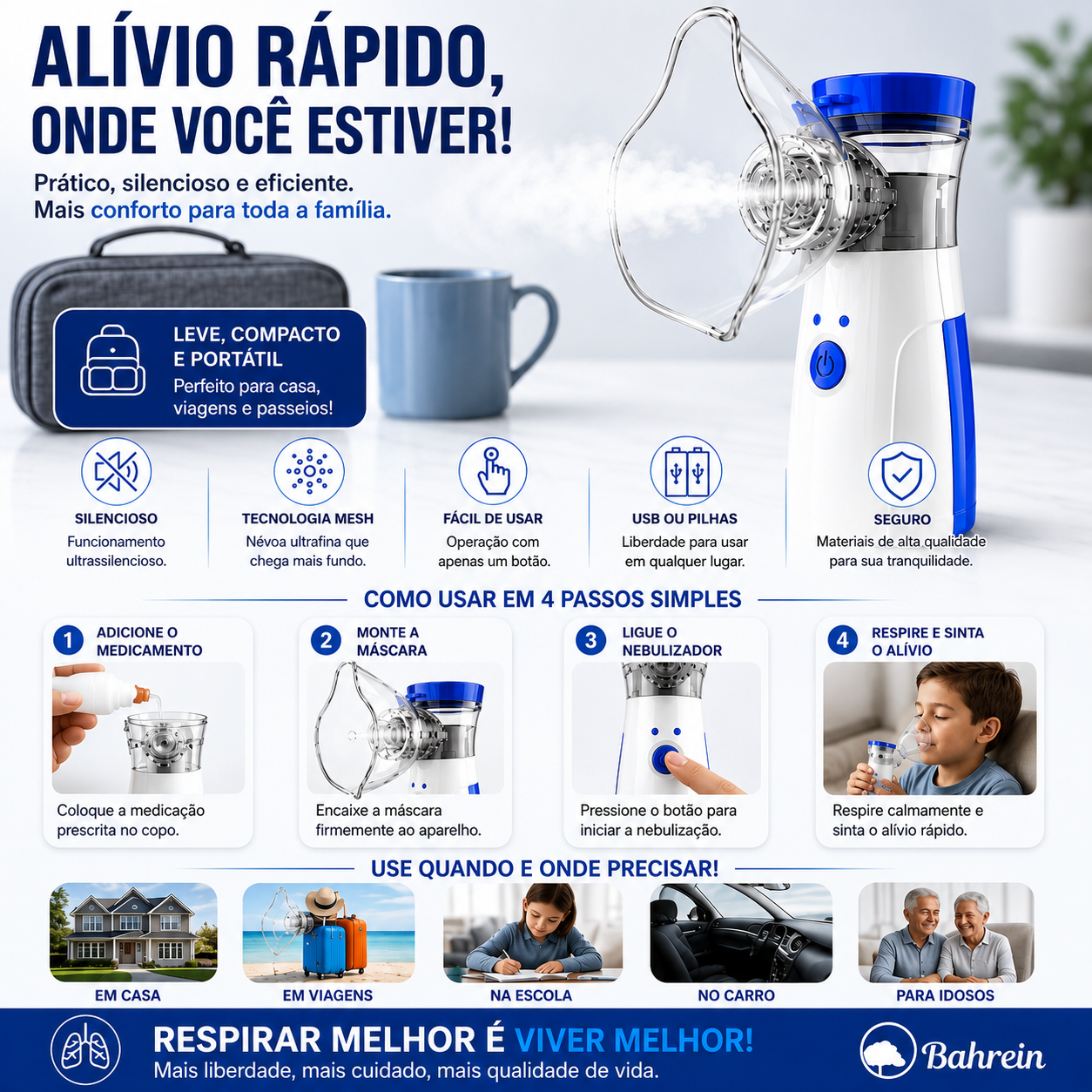 Inalador Nebulizador Portátil Ultrassônico USB/Pilhas