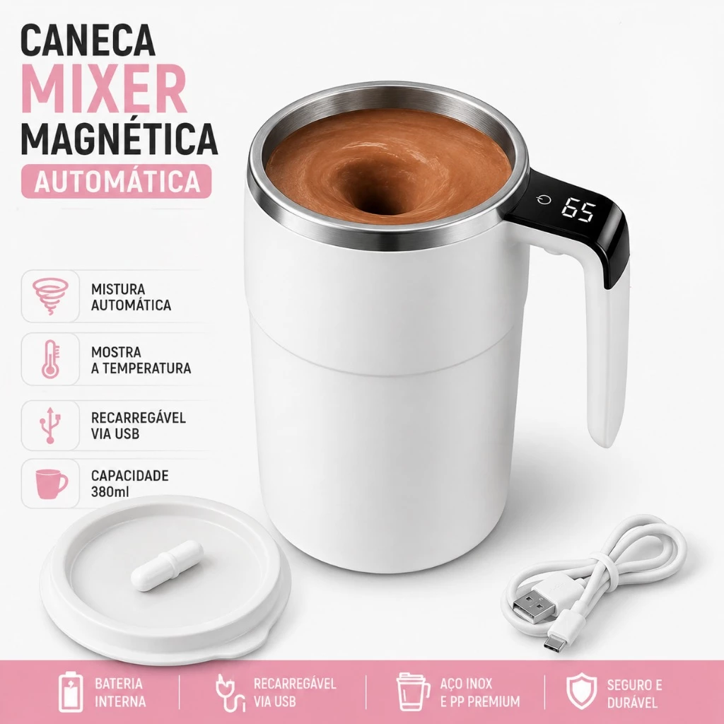 Caneca Mixer Inteligente LED 380ml Display de Temperatura