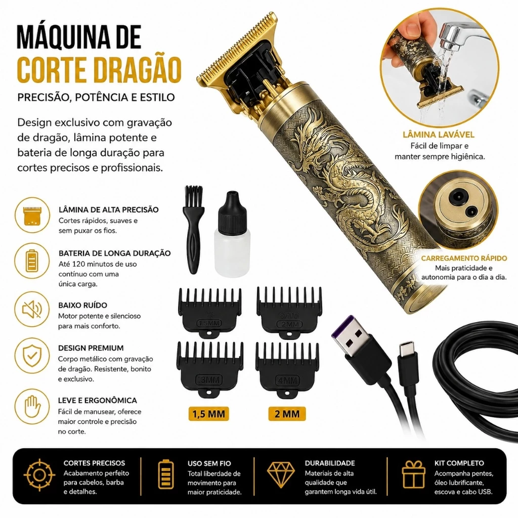 Máquina de Barbear e Cortar Cabelo Profissional Recarregável