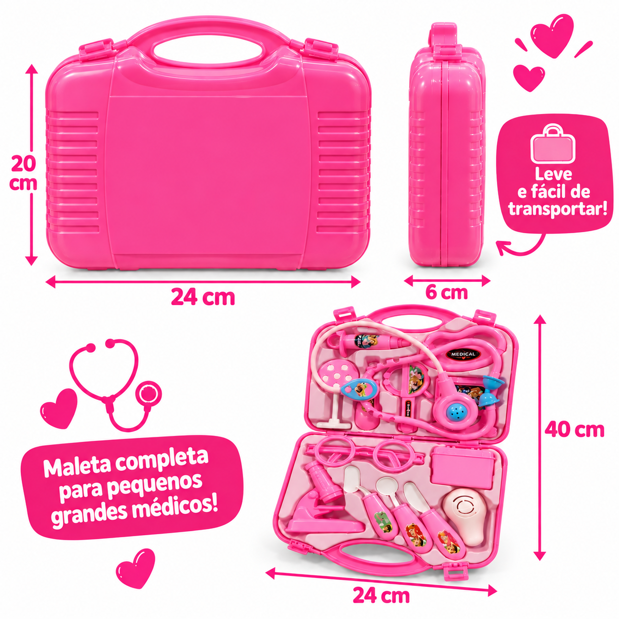 Kit Médico Infantil Maleta com Acessórios (Rosa)