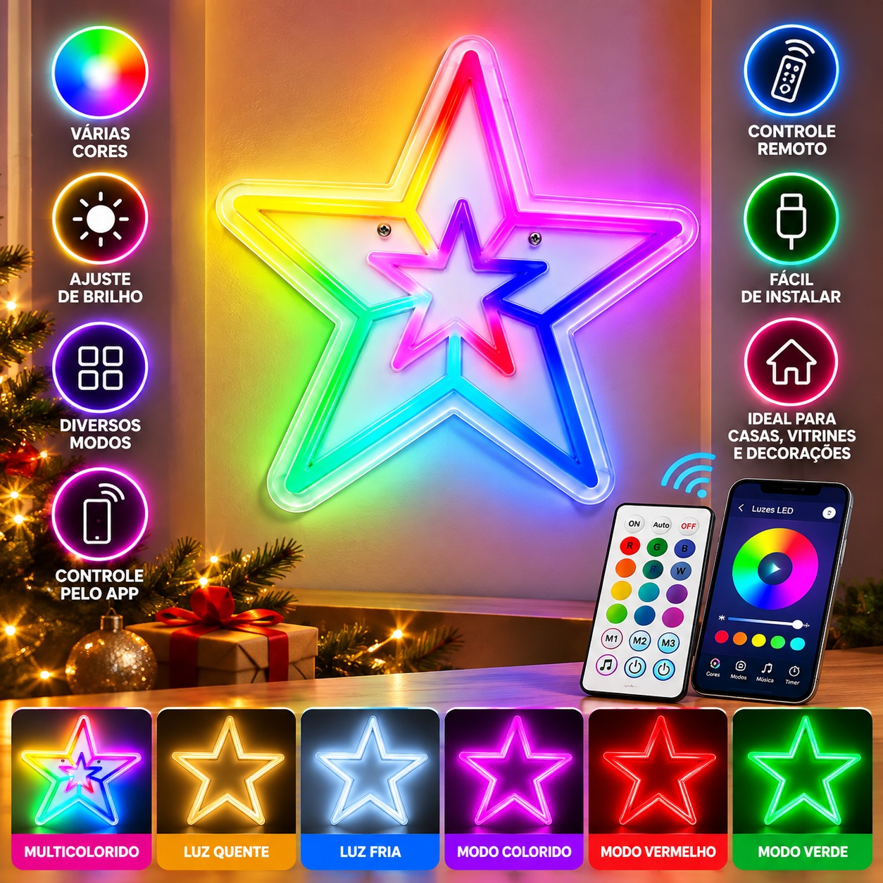 Estrela Neon LED RGB com Controle Remoto e App