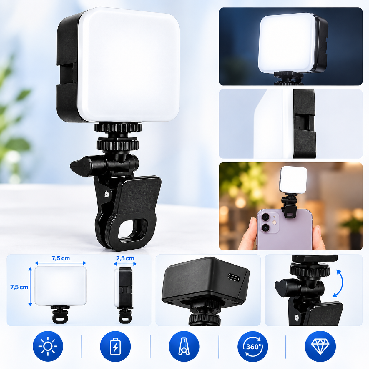 Luz LED Portátil – Iluminação para Celular, Notebook e Câmer