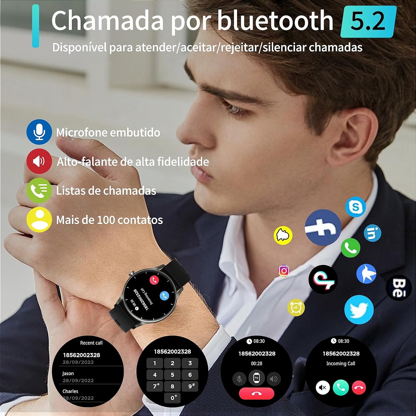 Smartwatch PEJE ZW02 Relógio Inteligente Bluetooth Tela 1.28 Chamadas Esportivo Android iOS