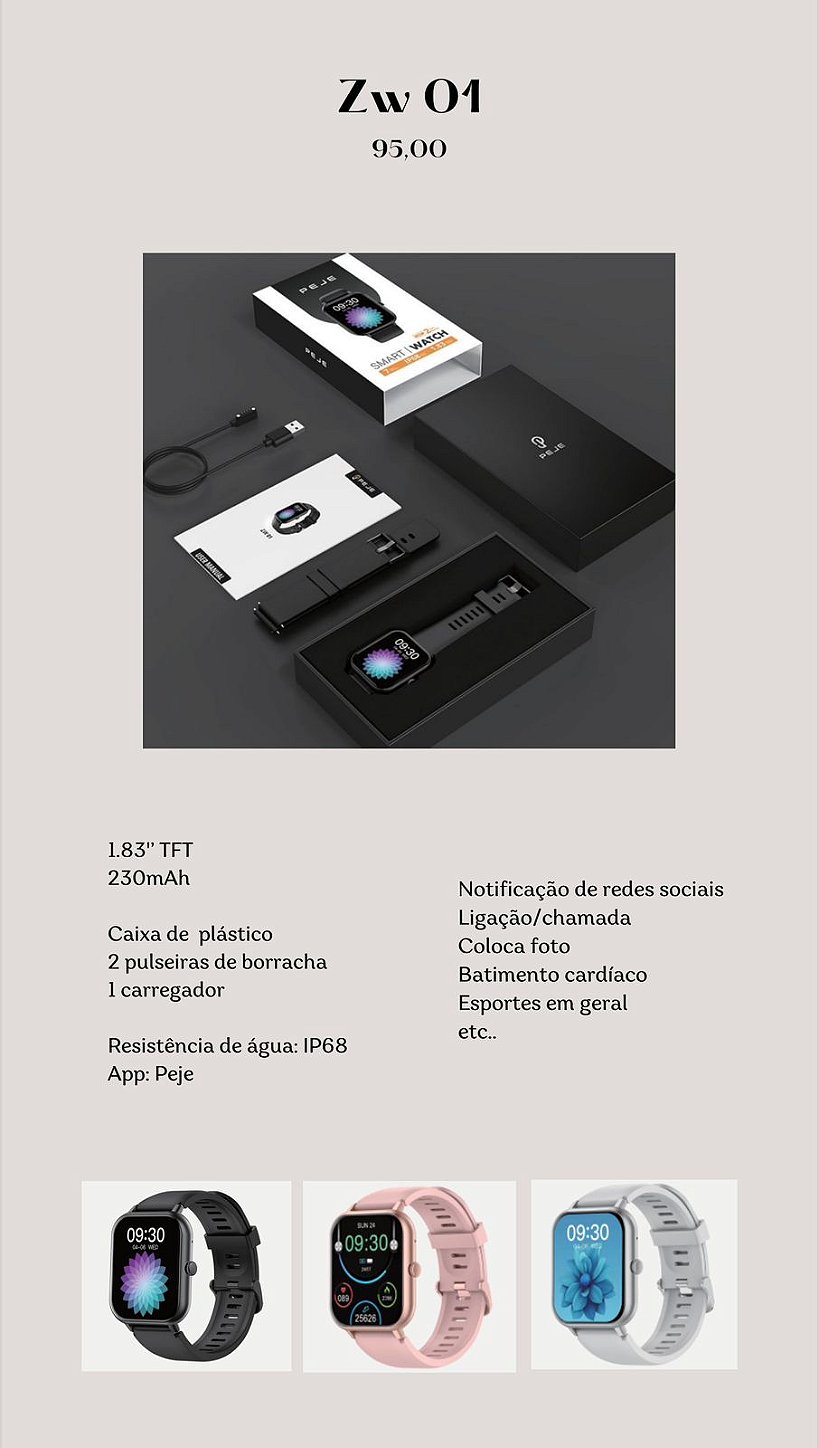 Smartwatch PEJE ZW01 com Chamadas, Pulseira Extra e 123+ Modos Esportivos Aprova d Agua