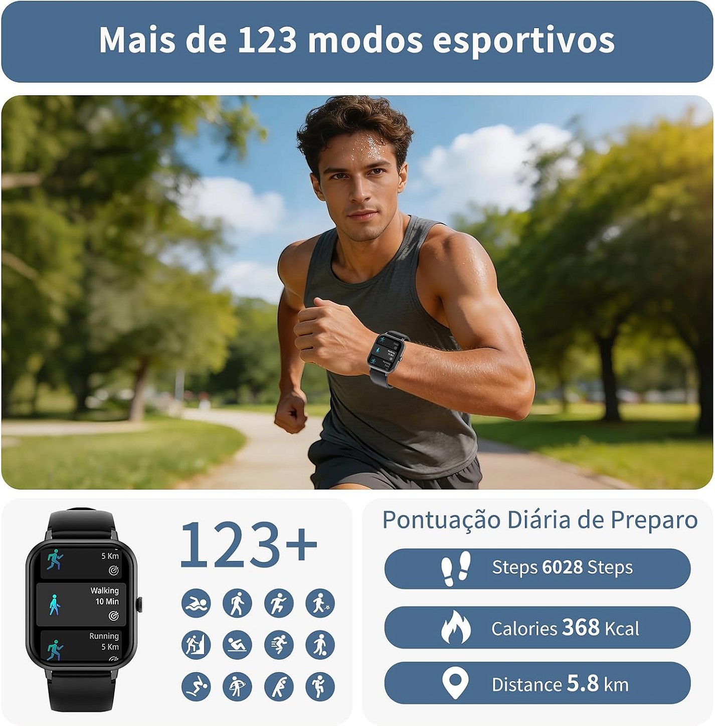 Smartwatch PEJE ZW01 com Chamadas, Pulseira Extra e 123+ Modos Esportivos Aprova d Agua