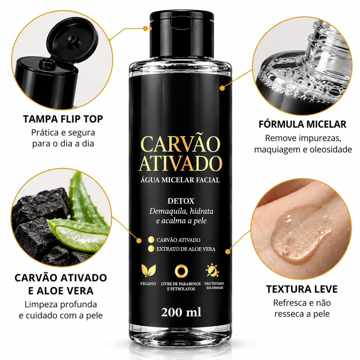 Água Micelar Facial Carvão Ativado Detox 200ml