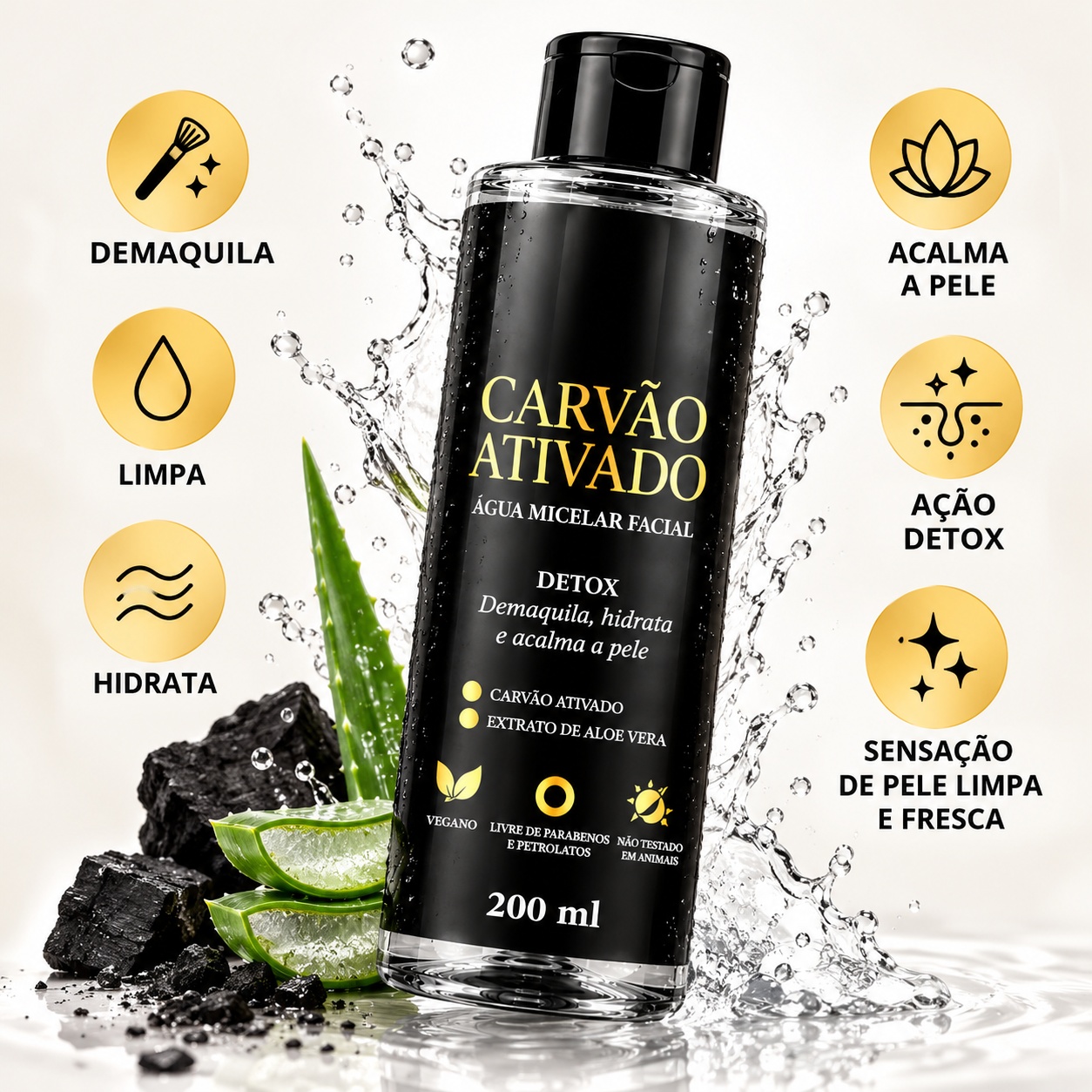 Água Micelar Facial Carvão Ativado Detox 200ml