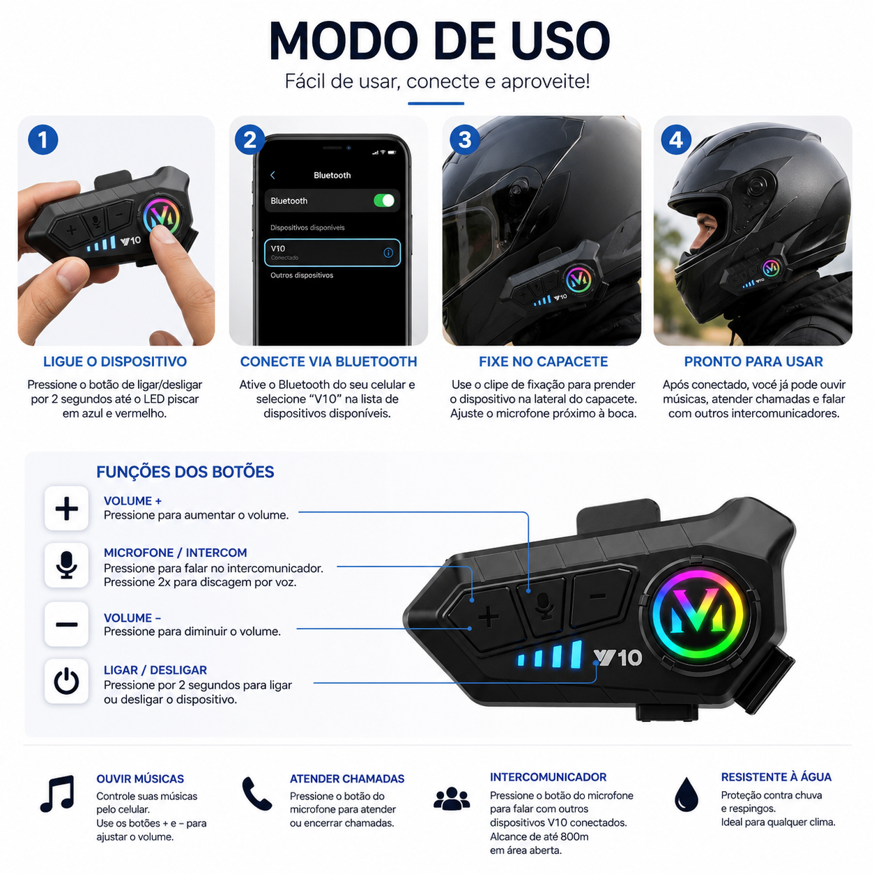 Fone de Ouvido Bluetooth para Capacete RGB com Microfone Hea