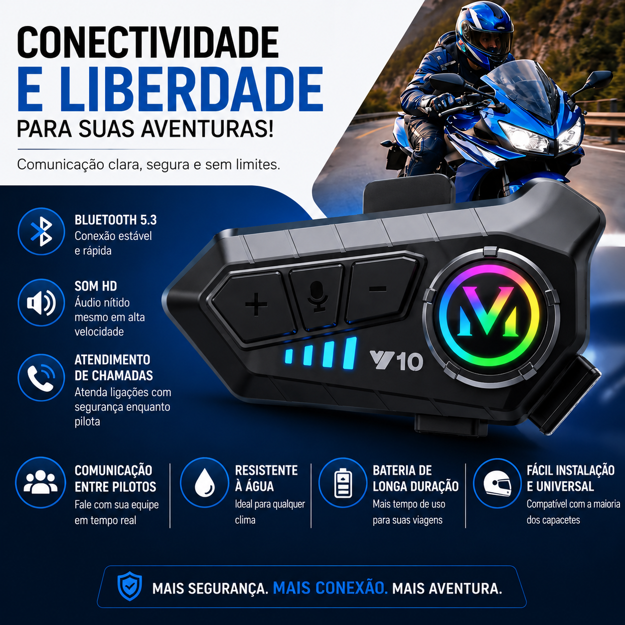 Fone de Ouvido Bluetooth para Capacete RGB com Microfone Hea