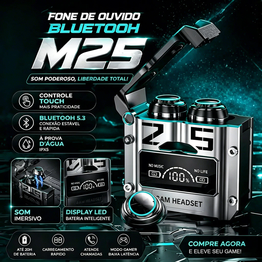 Fone de Ouvido Bluetooth 5.3 M25 J-60 TWS Original