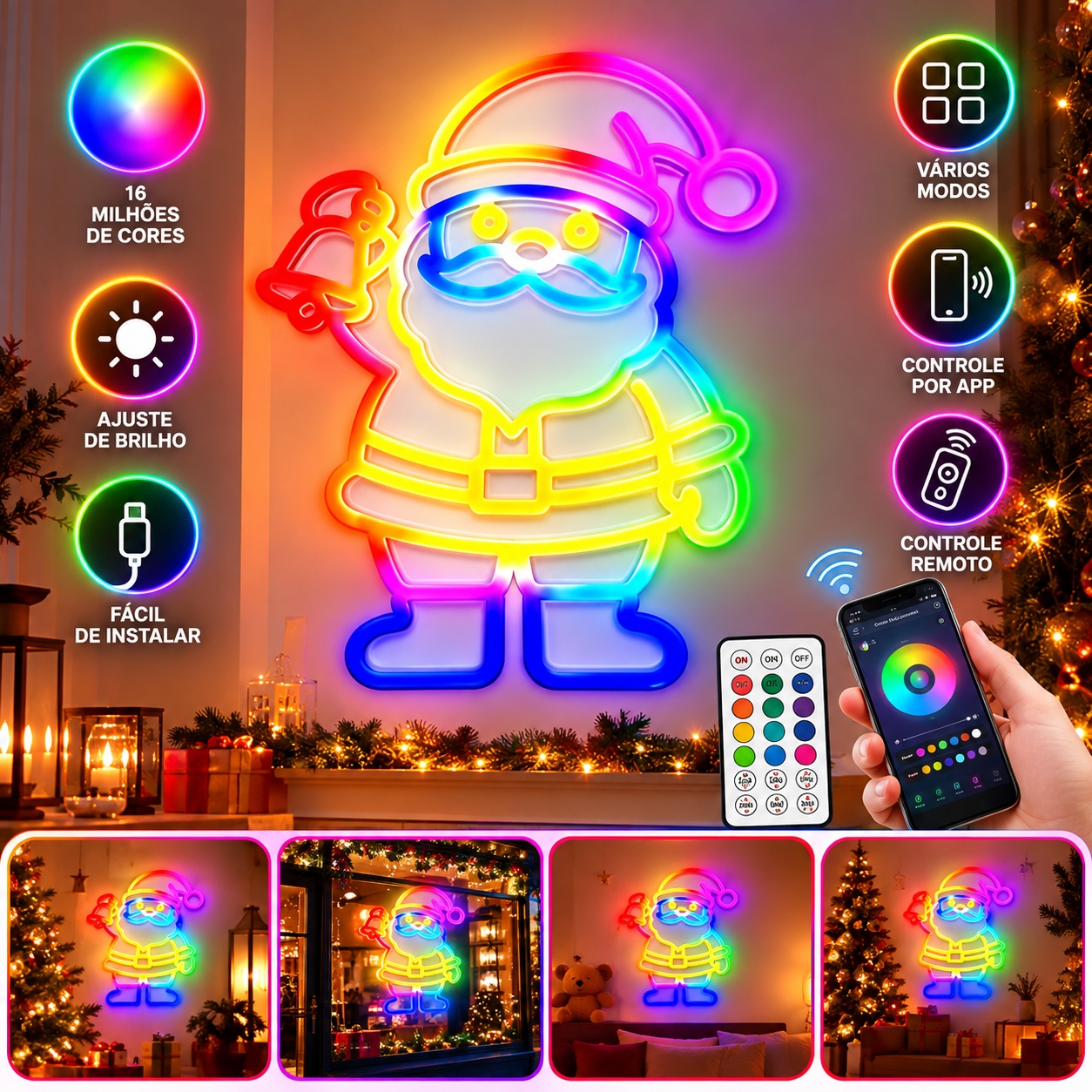 Papai Noel Neon LED RGB com Controle Remoto e App
