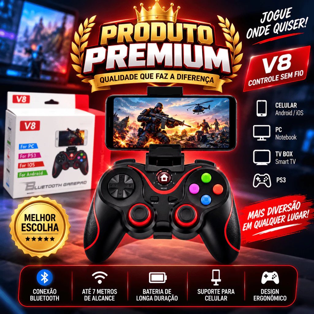 Controle Gamer sem Fio para Celular com Suporte Ajustável