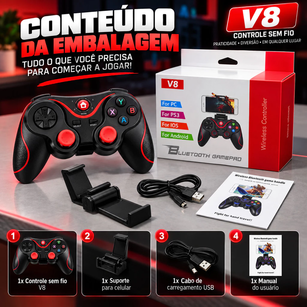Controle Gamer sem Fio para Celular com Suporte Ajustável