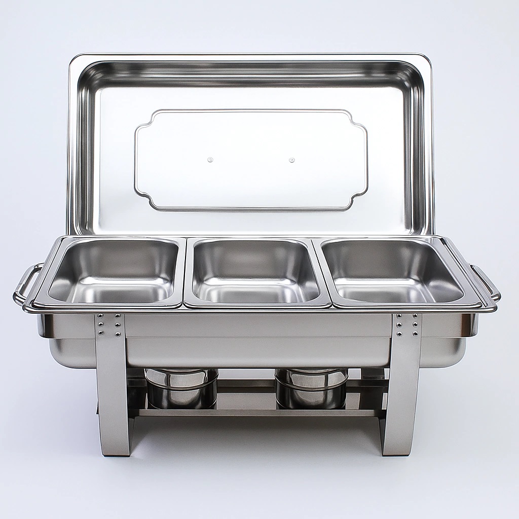 RECHAUD RETANGULAR INOX BANHO 3 CUBAS E FOGAREIRO