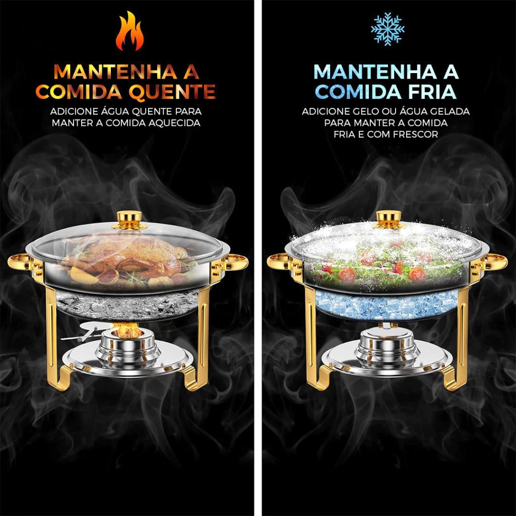 RECHAUD REDONDO DOURADO INOX BANHO 6L E FOGAREIRO