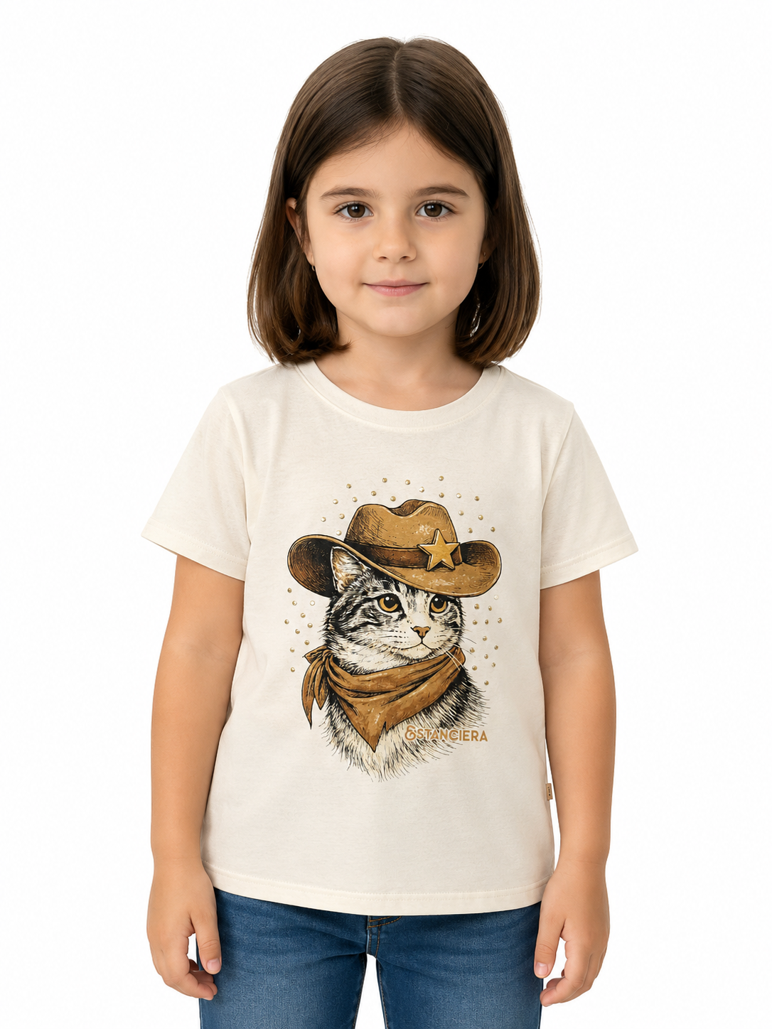 T-Shirt Infantil Regular Feminina Estanciero Gato Cowboy