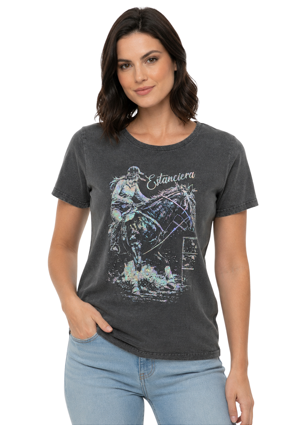 T-Shirt Baby Look Feminina Estanciero Amazona Glitter Neon