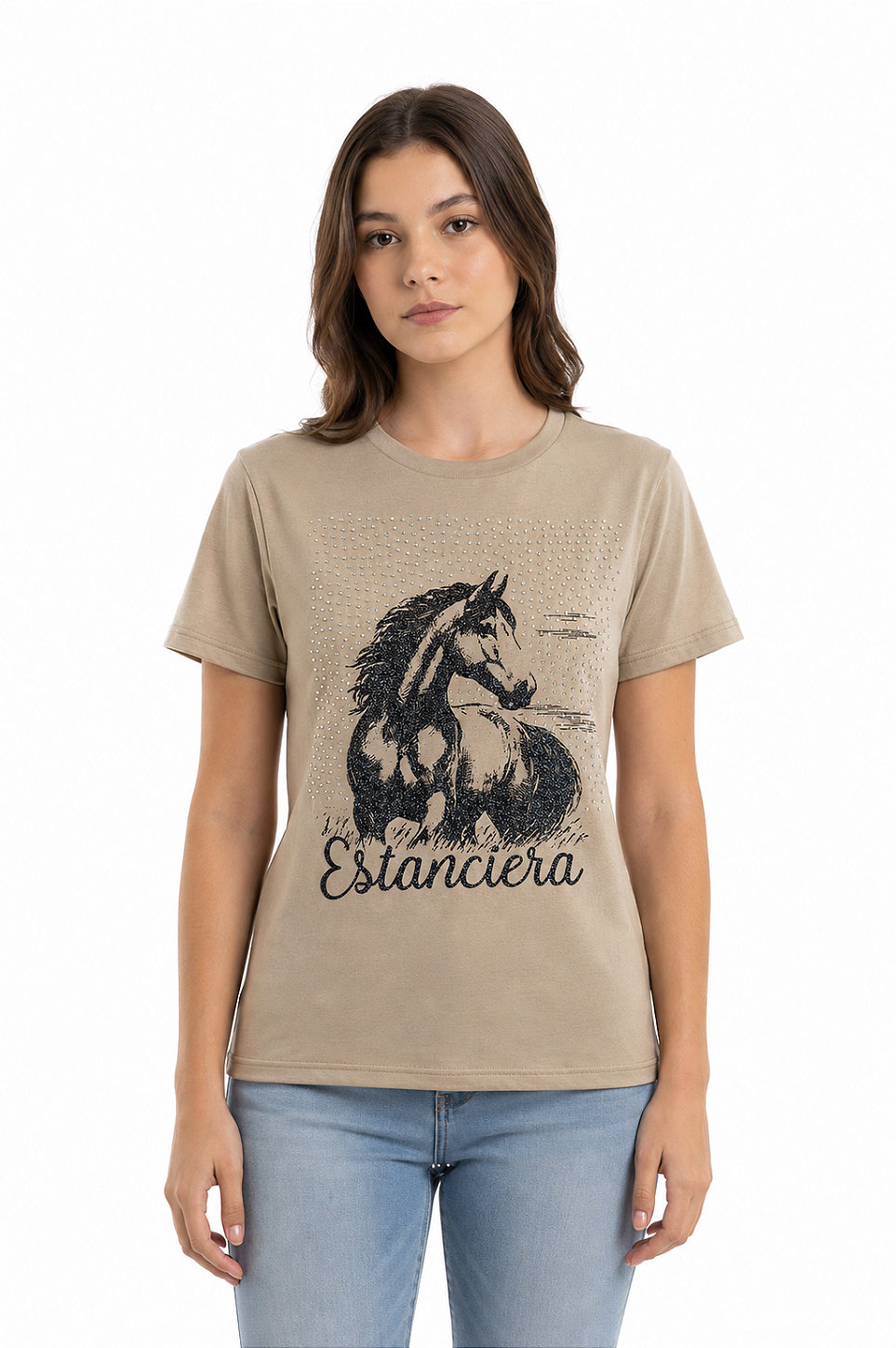 T-Shirt Baby Look Juvenil Cavalo Com Brilho
