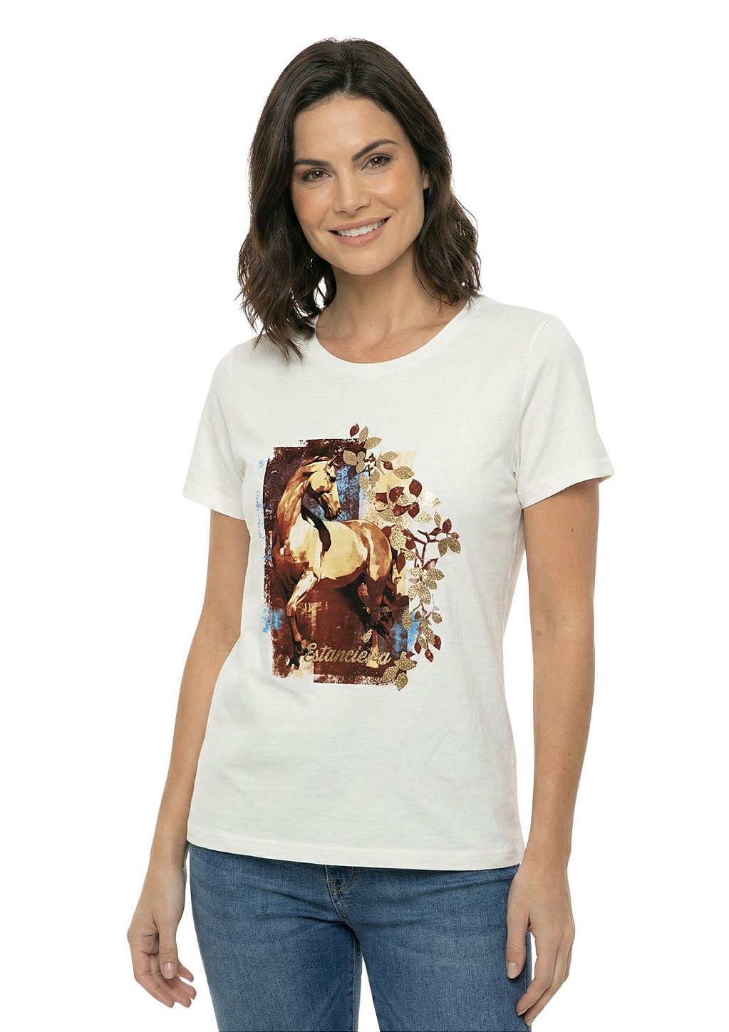 T-Shirt Baby Look Feminina Estanciero Cavalo Dourado