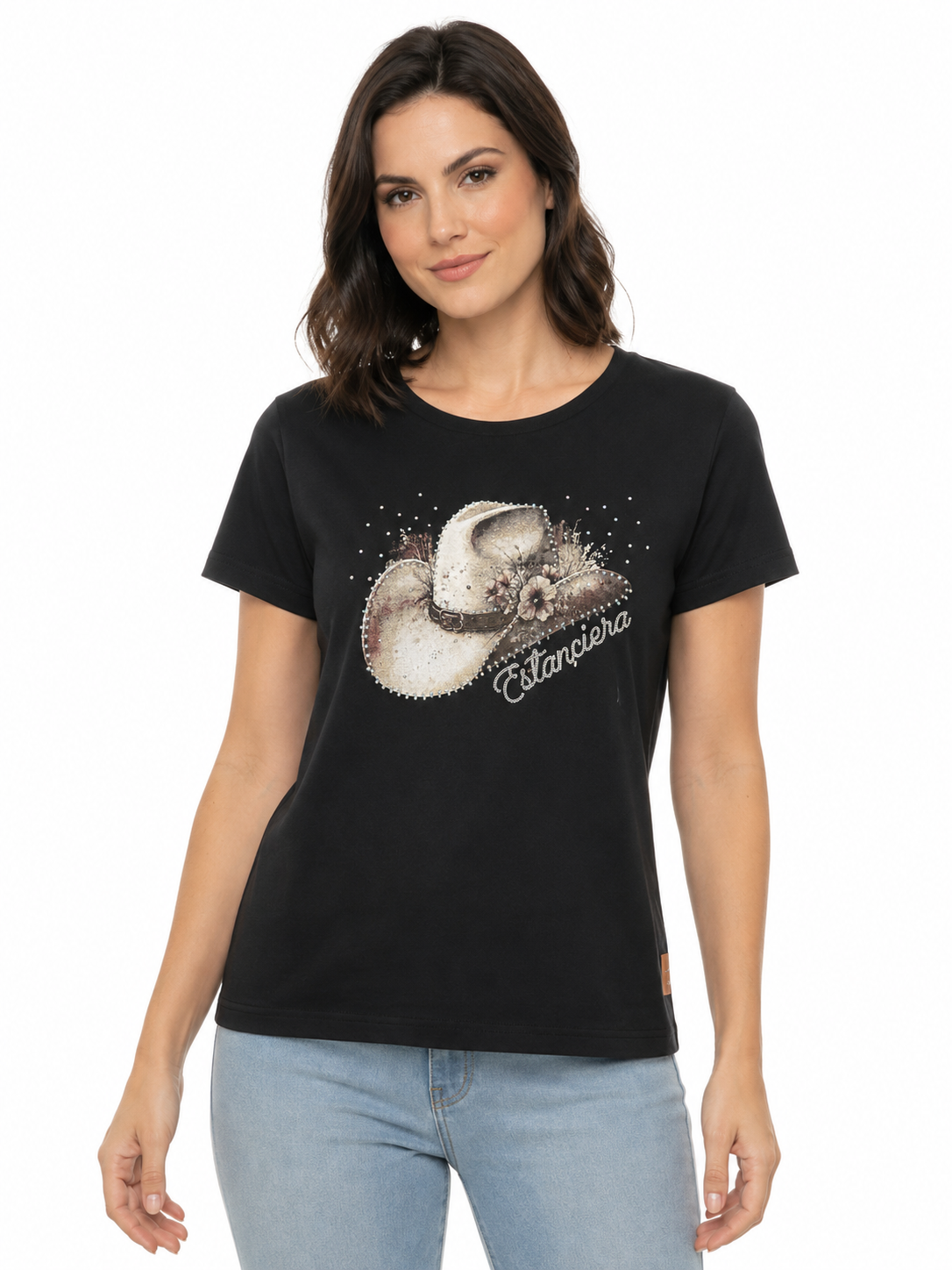 T-Shirt Regular Feminina Estanciero Chapéu Strass