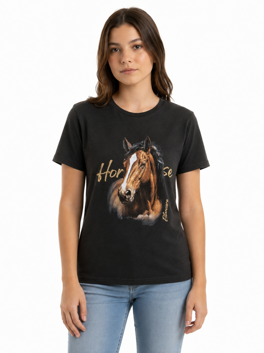 T-Shirt Baby Look Juvenil Feminina Estanciero Horse Foil