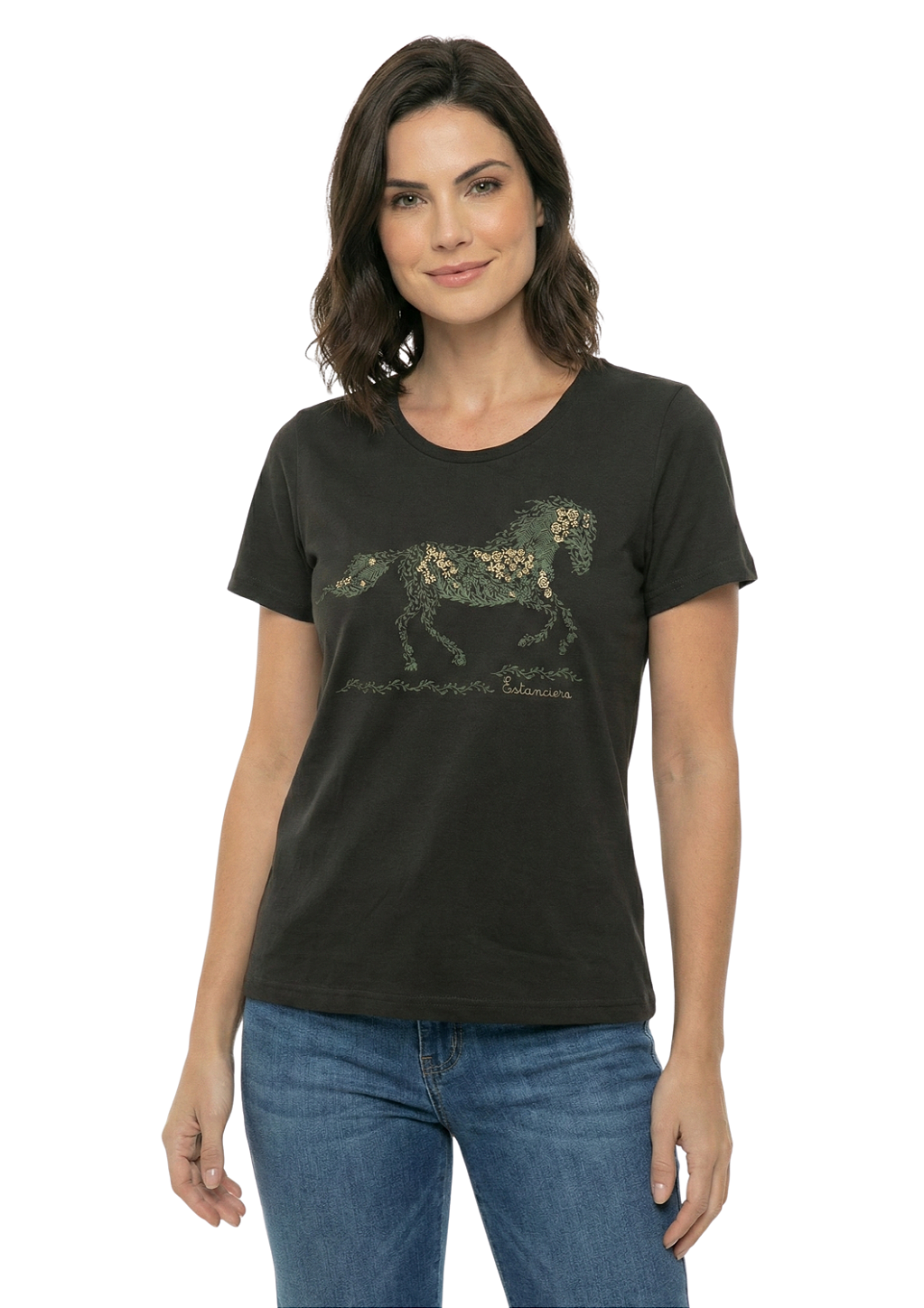 Shirt Feminina Estanciera Cavalo Arabescos Florais