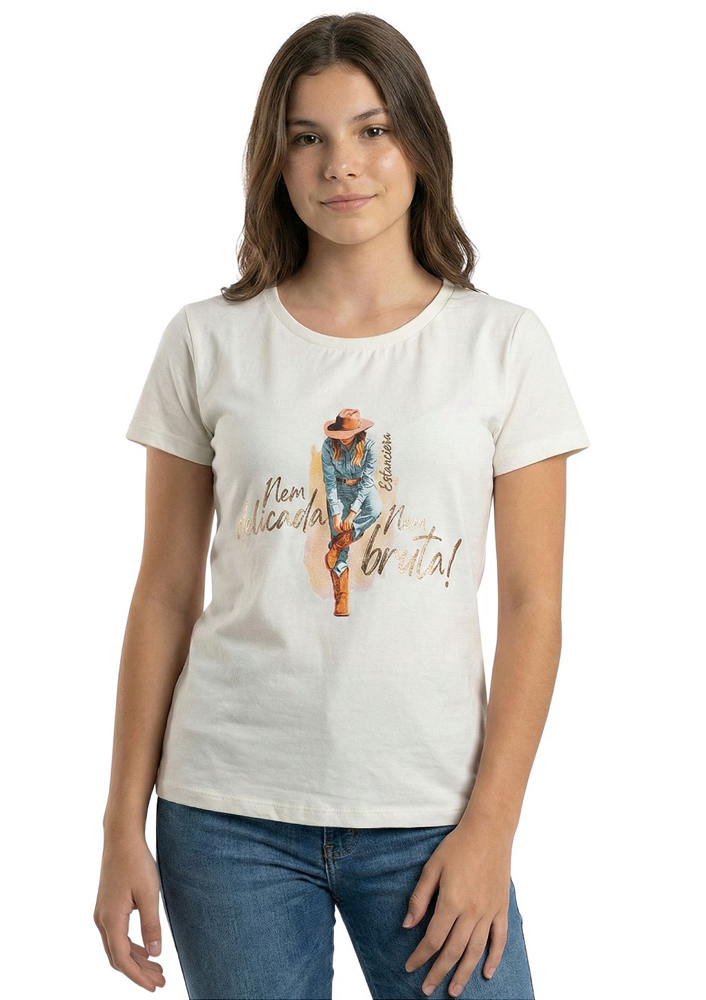 T-Shirt Baby Look Juvenil Feminina Estanciero Nem Delicada Nem Bruta
