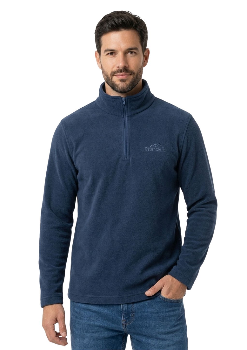 Blusa Microsoft Fleece Masculina Meio Zíper Estanciero Azul