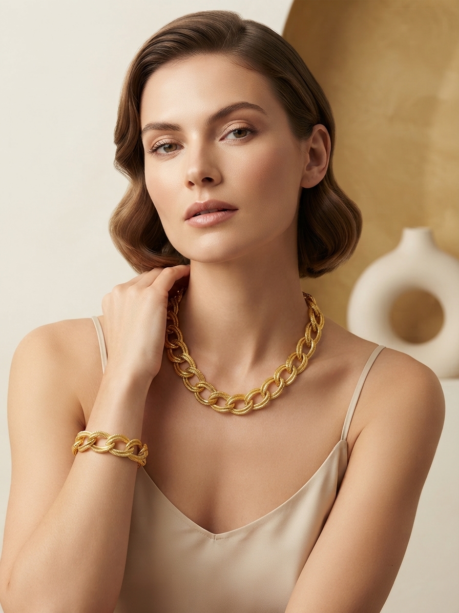 Conjunto Colar e Pulseira Elos Texturizados