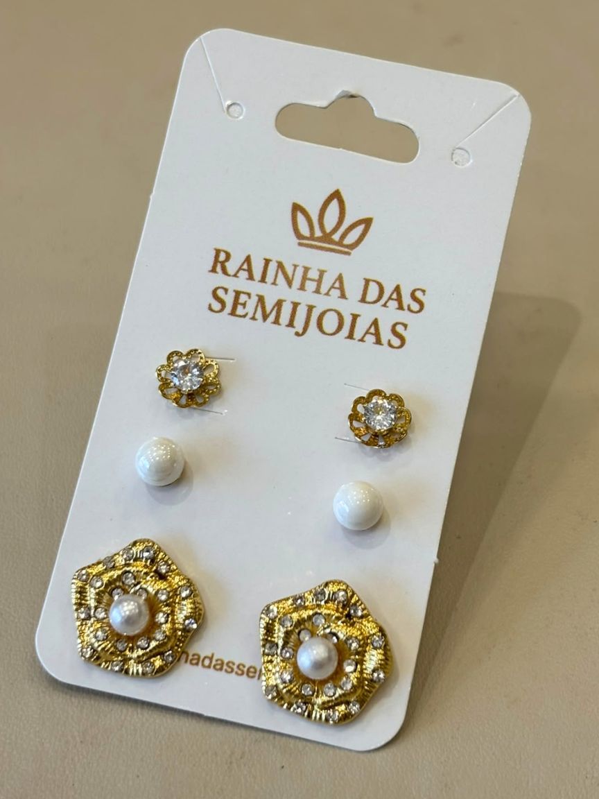Trio de Brincos Delicado Flor Estilizada com Zircônia e Pérola